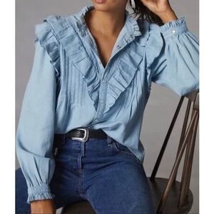 Anthropologie Love the Label Ruffle Yoke Chambray Denim Snap Front Shirt XS